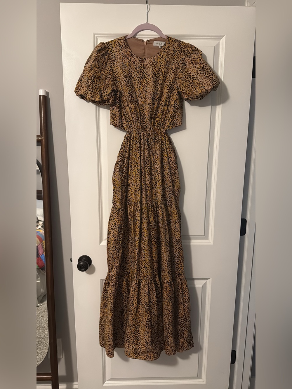 Brown Leopard Print Puff-Sleeve Maxi Dress